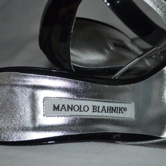 Sz 36.5 Manolo Blahnik Black Silver PCV O'Dorsay Ankle Strap 4" Pumps He… - Picture 7 of 8